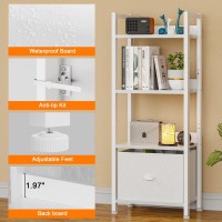 Furologee White 4 Tier Bookshelf With Drawer Small Narrow Bookcase With Shelves Modern Free Standing Shelf Unit Wood And Meta