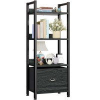 Furologee 4 Tier Bookshelf With Drawer Small Narrow Bookcase With Shelves Wood And Metal Standing Shelf Unit Industrial Displ