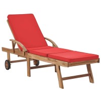 Vidaxl Solid Teak Wood Sun Loungers With Cushions 2 Pcs Set, Rustic Outdoor Garden Furniture With Adjustable Backrest And Footrest, Mobile Sun Beds With Slide-Out Tables, Red Cushion