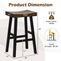 Costway Wooden Saddle Stools Set Of 4, 29-Inch Bar Height Stools With Curved Seat Surface, Rubber Wood, Acacia Wood, Footrests, Kitchen Island Counter Stools For Restaurant Cafe Pub, Brown+Black