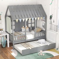 Giantex Twin House Bed With Trundle, Kids Bed Frame With 82