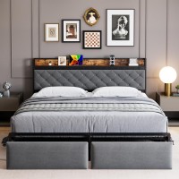 Gaomon Full Bed Frame With Rgb Led Lights Headboard & 2 Storage Drawers, Storage Headboard, Upholstered Platform Bed With Usb Ports & Outlets, Noise Free, No Box Spring Needed, Grey