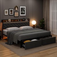 Gaomon Full Bed Frame With Rgb Led Lights Headboard & 2 Storage Drawers, Storage Headboard, Upholstered Platform Bed With Usb Ports & Outlets, Noise Free, No Box Spring Needed, Grey