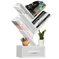 SHEEPAM Small Bookshelf with Drawer,4 Tier Tree Book Shelf,Wood Desk Bookshelves,Modern Free Standing Desktop Display Shelves,White Floor Standing Organizer Bookcase for Living Room,Bedroom,Office