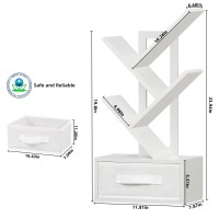 SHEEPAM Small Bookshelf with Drawer,4 Tier Tree Book Shelf,Wood Desk Bookshelves,Modern Free Standing Desktop Display Shelves,White Floor Standing Organizer Bookcase for Living Room,Bedroom,Office