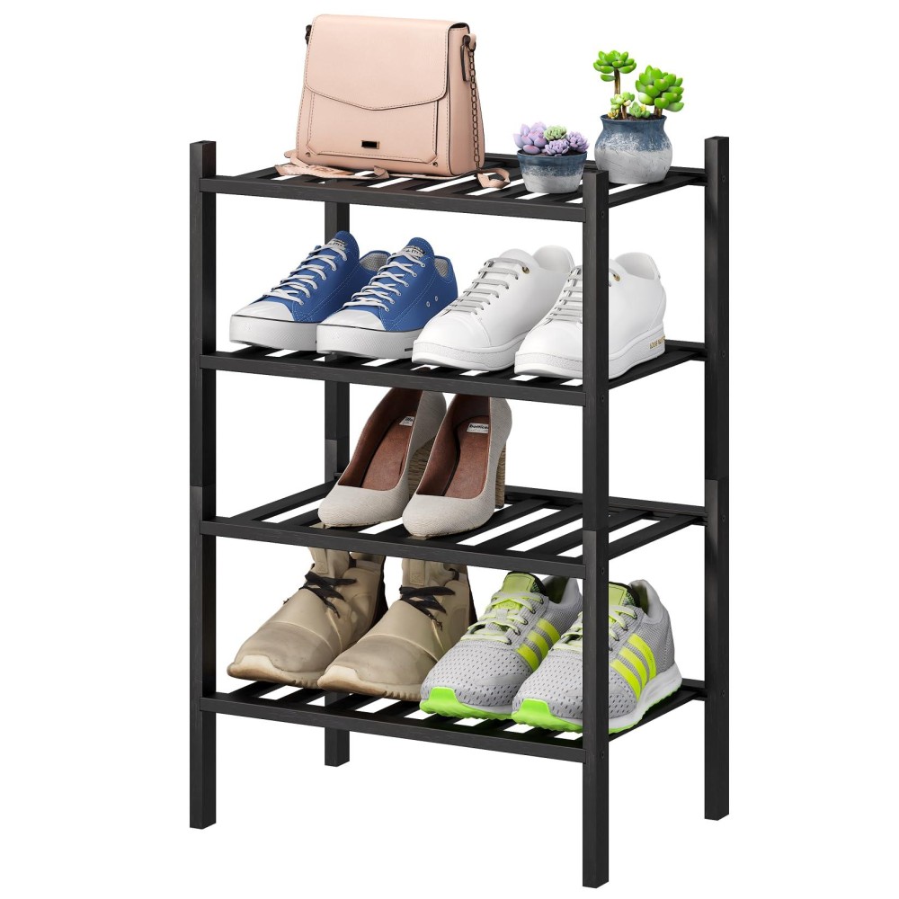 Viewcare Black Small Shoe Rack For Entryway 4Tier Bamboo Shoe Organizer For Hallway Closet Free Standing Shoe Racks For Indoo