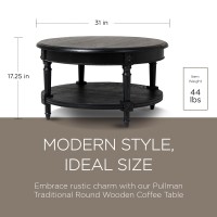 Maven Lane Pullman Large Curved 2 Tier Traditional Round Circle Wooden Center Coffee Table With Shelf Storage In Rustic Antiqued Black Finish