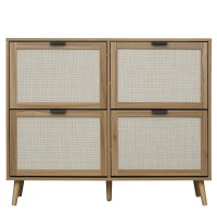 Zehuoge Rattan Shoe Cabinet With 4 Flip Drawers Walnut 2Tier Shoe Rack Storage Cabinet For Heels Slippers Free Standing Shoe