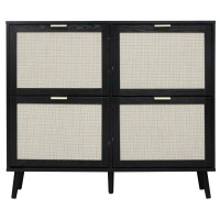 Zehuoge Rattan Shoe Cabinet With 4 Flip Drawers Black 2Tier Shoe Rack Storage Cabinet For Heels Slippers Free Standing Shoe