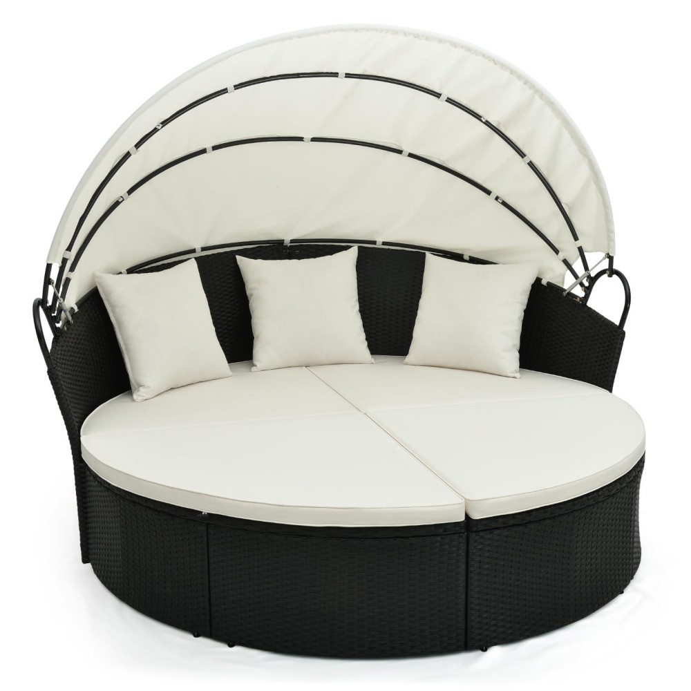 Tangkula Outdoor Patio Round Daybed With Retractable Canopy, Black Rattan Wicker Furniture Sectional Seating With Cushions And Throw Pillows, Seating Separates Cushioned Seats For Backyard (Off White)