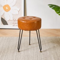 Ibuyke Faux Leather Round Footrest Stool Makeup Vanity Stool Side Table Pu Dressing Table Seat Pouf Couch Stool Golden Steel