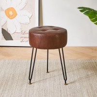 Ibuyke Faux Leather Round Footrest Stool Makeup Vanity Stool Side Table Pu Dressing Table Seat Pouf Couch Stool Golden Steel