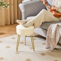 Ibuyke Faux Leather Round Footrest Stool Makeup Vanity Stool Side Table Pu Dressing Table Seat Pouf Couch Stool Golden Steel