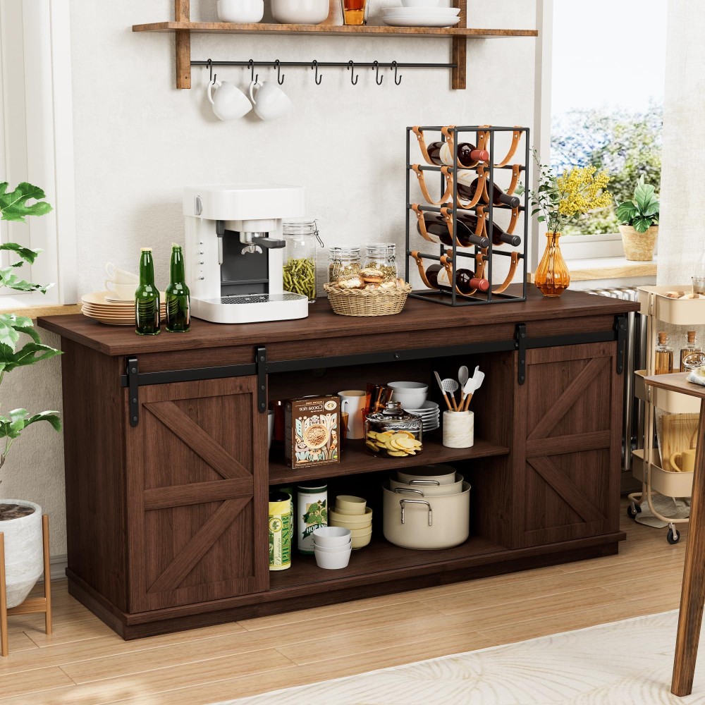 Shahoo Farmhouse Sideboard Buffet Cabinet Coffee Bar Storage With Sliding Barn Doors Shelf For Home Dining Room Espresso