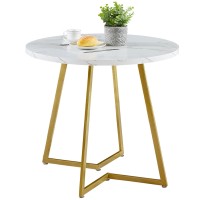 Vecelo Round Dining Table With Wood Grain Tabletop And Steel Frame, For Kitchen, Living Room, Office, Conference, 2 To 4 Person, White And Gold