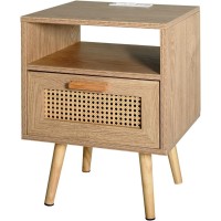 Rank Rattan Nightstand With Charging Station, Bedside Table End Table For Living Room And Bedroom (Style B)