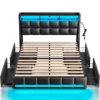 Rolanstar Full Size Bed Frame With Led Lights And Charging Station, Pu Leather Bed Storage Headboard & Drawers, Heavy Duty Wood Slats, Easy Assembly