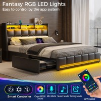 Rolanstar Queen Size Bed Frame With Led Lights And Charging Station, Pu Leather Bed Storage Headboard & Drawers, Heavy Duty Wood Slats, Easy Assembly