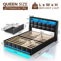 Rolanstar Queen Size Bed Frame With Led Lights And Charging Station, Pu Leather Bed Storage Headboard & Drawers, Heavy Duty Wood Slats, Easy Assembly