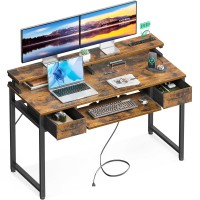 Odk Computer Desk With Drawers, 48 Inch Office Desk With Power Outlet, Pc Desk With Keyboard Tray, Study Table Work Desk With Monitor Shelf, Writing Desk For Home Office, Rustic Brown