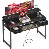 Odk Computer Desk With Drawers, 48 Inch Gaming Desk With Power Outlet, Office Desk With Keyboard Tray, Study Table Work Desk With Monitor Shelf, Writing Desk Pc Desk For Home Office, Black