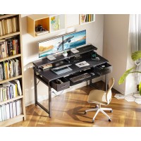 Odk Computer Desk With Drawers, 48 Inch Gaming Desk With Power Outlet, Office Desk With Keyboard Tray, Study Table Work Desk With Monitor Shelf, Writing Desk Pc Desk For Home Office, Black