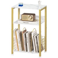 Lelelinky Side Table White Marble Night Stand With Golden Metal Frame 3 Tier Industrial Wooden Record Player Stand With Vinyl St