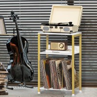 Lelelinky Side Table White Marble Night Stand With Golden Metal Frame 3 Tier Industrial Wooden Record Player Stand With Vinyl St