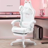 Dowinx Gaming Chair Cute With Cat Ears And Massage Lumbar Support Ergonomic Computer Chair For Girl With Footrest And Headrest