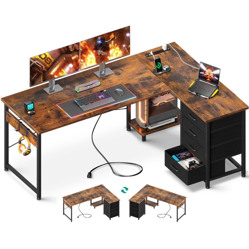 Aodk L Shaped Desk With 4 Tier Drawers 61 Reversible Gaming Desk With Power Outlets L Shaped Computer Desk With Usb Charging