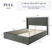 Allewie Full Size Lift Up Storage Bed Button Tufted Wingback Headboard No Box Spring Needed Hydraulic Storage Dark Grey