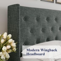 Allewie Full Size Lift Up Storage Bed Button Tufted Wingback Headboard No Box Spring Needed Hydraulic Storage Dark Grey