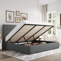 Allewie King Lift Up Storage Bed Modern Wingback Headboard Hydraulic Storage No Box Spring Needed Dark Grey