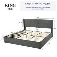 Allewie King Size Lift Up Storage Bed Button Tufted Wingback Headboard No Box Spring Needed Hydraulic Storage Dark Grey