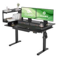 Claiks Electric Standing Desk With Storage Shelves, 55 X 28 Inches Adjustable Height Stand Up Desk With Drawers, Sit Stand Home Office Desk With Splice Board, Black Top