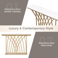 Goflame 48??Gold Console Table, Modern Entryway Table With White Faux Marble Tabletop, Geometric Base, Narrow Long Couch Table, Behind Sofa Table For Living Room, Hallway