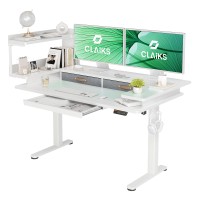 Claiks Electric Standing Desk With Storage Shelves, 55 X 28 Inches Adjustable Height Stand Up Desk With Drawers, Sit Stand Home Office Desk With Splice Board, White Top