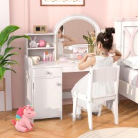 Infans Kids Vanity Princess Makeup Desk And Chair Set With Lights Mirror Drawer Storage Shelves Wooden Dressing Table Pretend