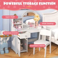 Infans Kids Vanity Princess Makeup Desk And Chair Set With Lights Mirror Drawer Storage Shelves Wooden Dressing Table Pretend