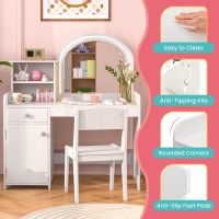 Infans Kids Vanity Princess Makeup Desk And Chair Set With Lights Mirror Drawer Storage Shelves Wooden Dressing Table Pretend