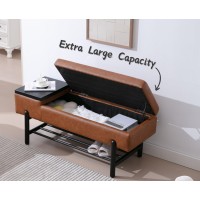 Cimota Entryway Storage Bench For Bedroom Leather End Of Bed Ottoman Bench With Metal Shoe Storage/Wood Coffee Table For Living Room//Hallway/Under Window, 45 Inches, Pu Brown