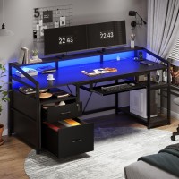 Sedeta 63 Computer Desk Office Desk With Lockable Drawers For Legalletter File Gaming Desk With Led Lights Power Outlet