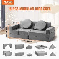 Vevor 15Pcs Modular, Toddler Foam Sofa Couch With High-Density 25D Sponge For Playing, Creativing, Sleeping, Imaginative Kids Furniture For Bedroom And Playroom, Grey