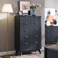 T4Tream Fluted 5 Drawers Dresser 48 Tall Modern Chest Of Drawers With Faux Marble Top Curved Profile Design Wood Drawer Org