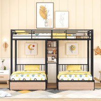 Yopto Full Over Twin & Twin Triple Bunk-Bed With Storage Drawers,Full-Length Guardrails,Multi-Functional Metal Frame Bed W/Desks And 3-Layer Shelves In The Middle,Maximized Space,Black
