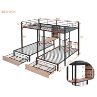 Yopto Full Over Twin & Twin Triple Bunk-Bed With Storage Drawers,Full-Length Guardrails,Multi-Functional Metal Frame Bed W/Desks And 3-Layer Shelves In The Middle,Maximized Space,Black