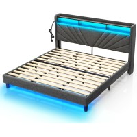 Rolanstar King Size Bed Frame, Storage Headboard With Charging Station And Led Lights, Upholstered Bed With Heavy Duty Wood Slats, No Box Spring Needed, Noise Free, Easy Assembly, Dark Grey