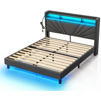 Rolanstar Queen Size Bed Frame, Storage Headboard With Charging Station And Led Lights, Upholstered Bed With Heavy Duty Wood Slats, No Box Spring Needed, Noise Free, Easy Assembly, Dark Grey