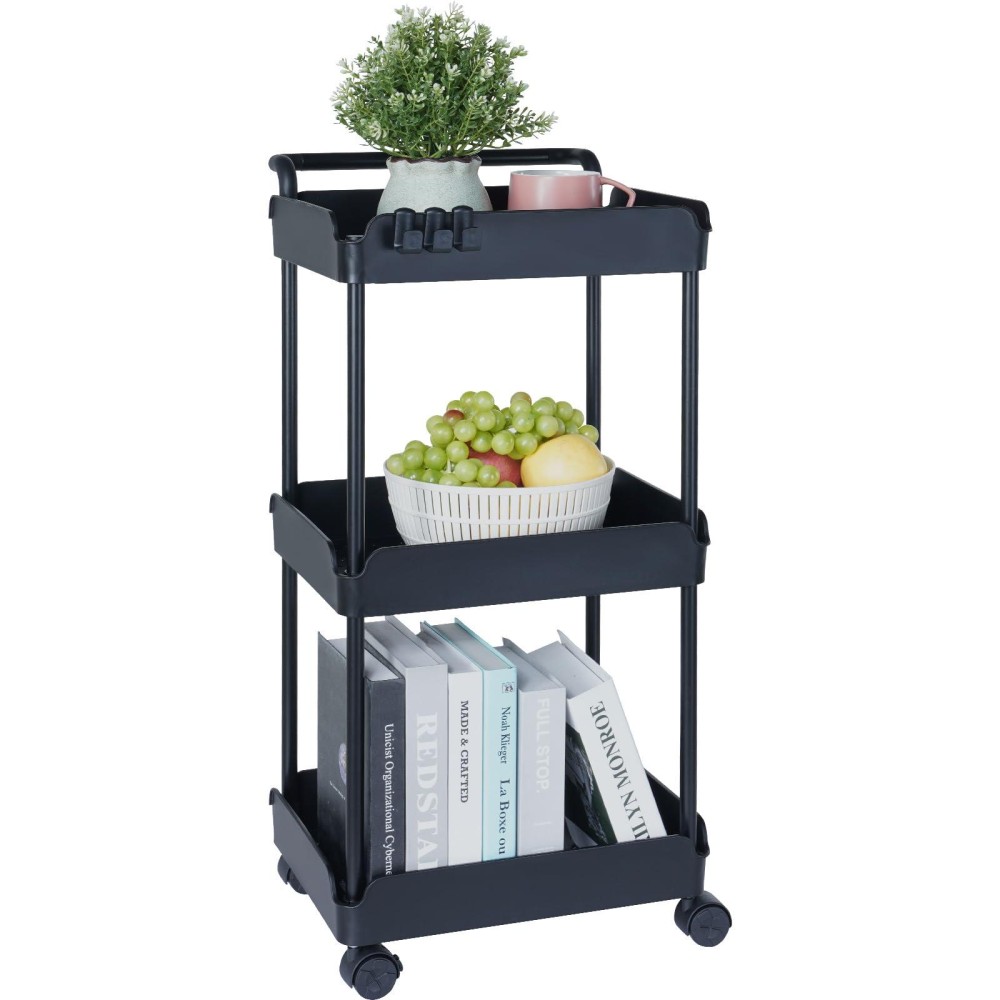 Vevor 3-Tier Plastic Rolling Utility Cart With Handle, Multi-Functional Storage Organizer With Lockable Wheels, Easy Assemble For Office, Living Room, Kitchen, Bathroom, Black