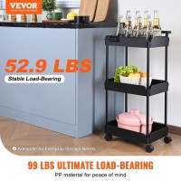 Vevor 3-Tier Plastic Rolling Utility Cart With Handle, Multi-Functional Storage Organizer With Lockable Wheels, Easy Assemble For Office, Living Room, Kitchen, Bathroom, Black